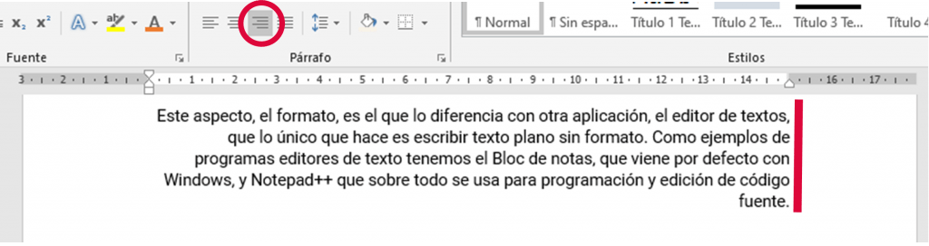 Párrafo alineado a la derecha con Word Párrafo alineado a la derecha con Word