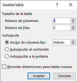 Insertar tabla con columnas y filas Word
