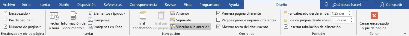 Pestaña Diseño de las Herramientas de Encabezado y pie de página en Word