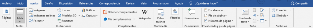 Pestaña Insertar Word