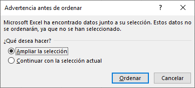 Advertencia ordenar una sola columna Excel Advertencia ordenar una sola columna Excel